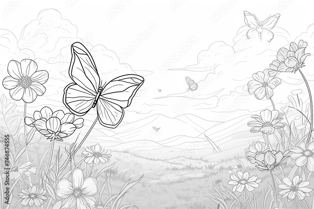 Fototapeta premium Coloring Pages of flowers with butterfly in the meadow