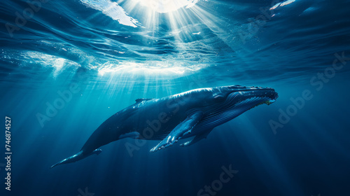 a cinematic photo of a whale in the deep blue sae  Whale is close to camera  beautiful Blue water   stunning sunbeams cutting through the water