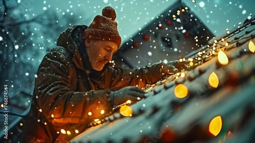 Elderly Man Decorating with Christmas Lights in Snowfall. Generative ai