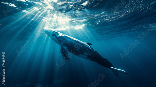 a cinematic photo of a whale in the deep blue sae, Whale is close to camera, beautiful Blue water,  stunning sunbeams cutting through the water © Christian