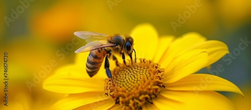 Vibrant Close-up of a Bee on a Beautiful Yellow Flower in a Spring Garden © TheWaterMeloonProjec