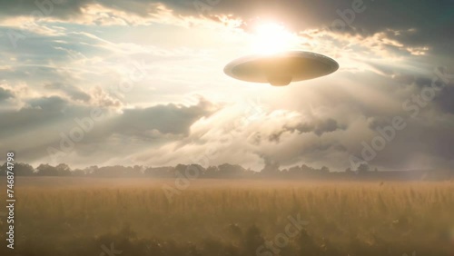 Animation of an UFO hovers above a golden wheat field, with dramatic clouds and sunbeams illuminating the mysterious scene