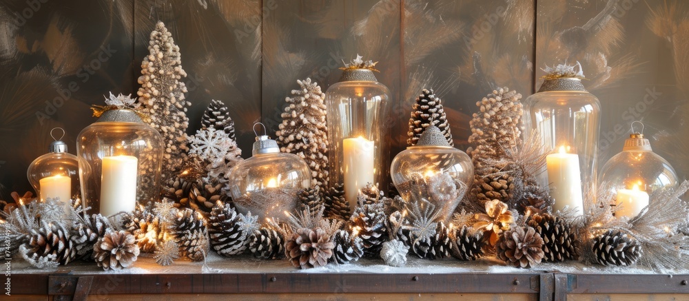 A mantle adorned with sparkling candles and assorted pine cones, creating a festive and cozy holiday ambiance. The warm glow of the candles highlights the natural beauty of the pine cones. A mantle adorned with sparkling candles and assorted pine cones, creating a festive and cozy holiday ambiance. The warm glow of the candles highlights the natural beauty of the pine cones.