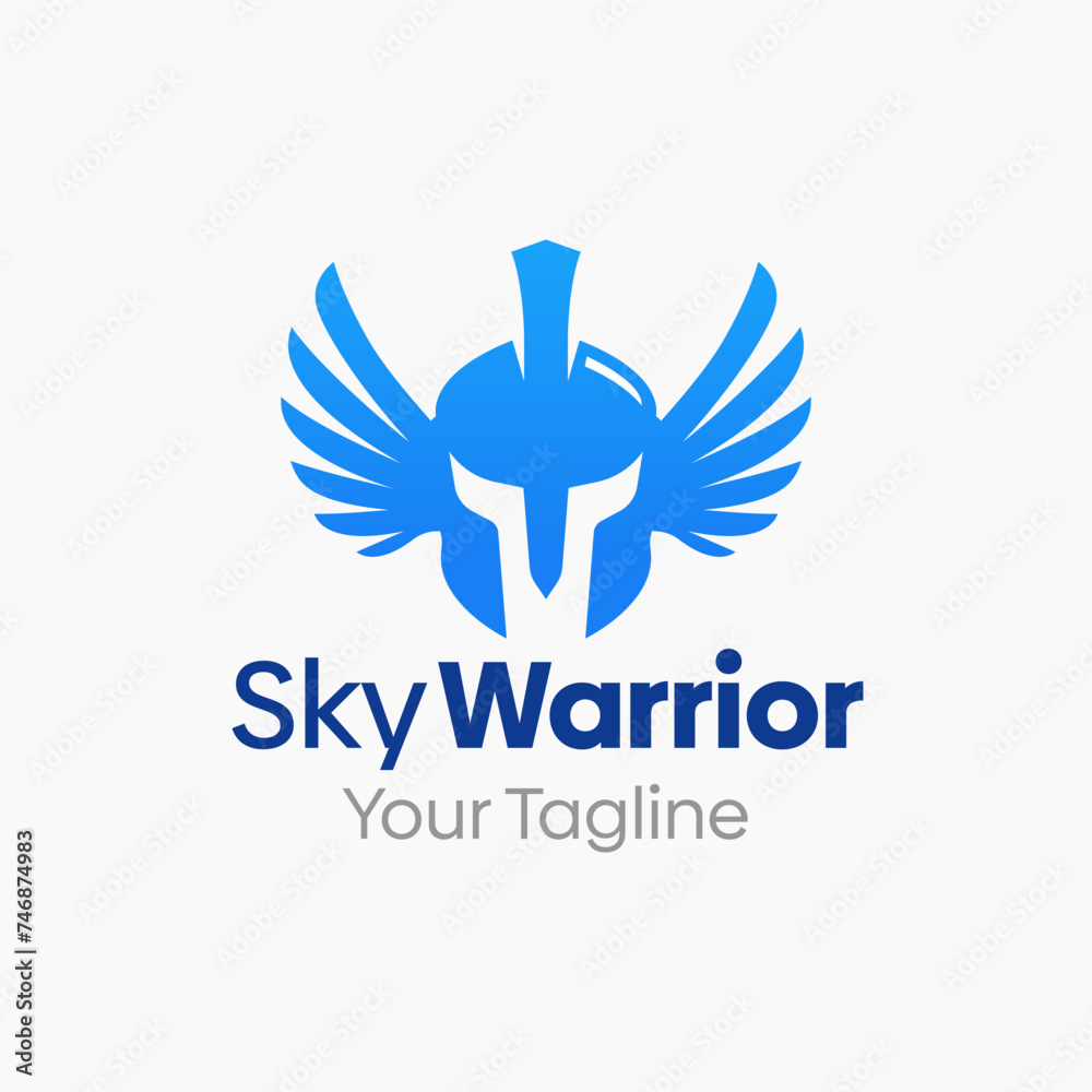 Sky Warrior Logo Vector  Illustration. Template Design Idea Knight helmet with wings element