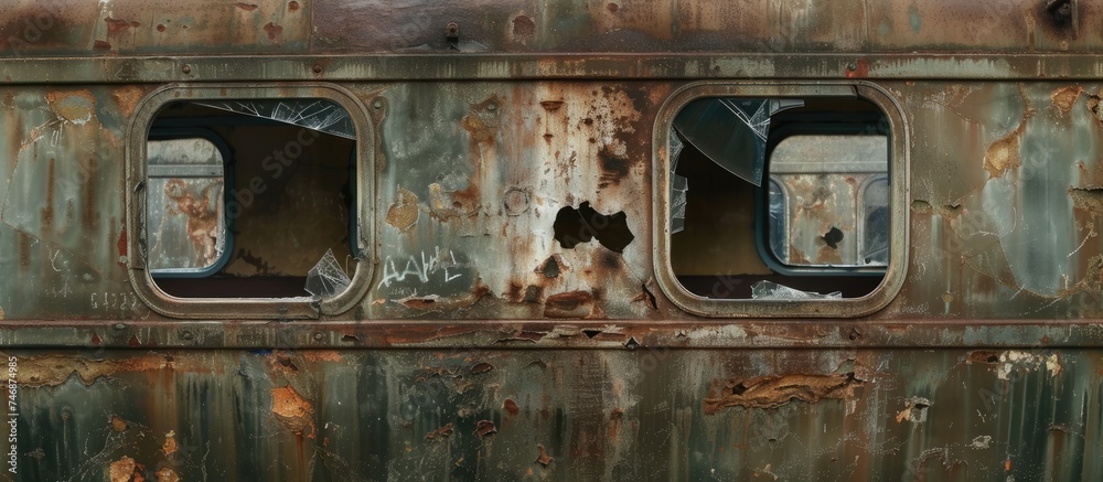 An old, rusted train car is showcased, featuring three windows and a deteriorating exterior. The abandoned vehicle shows signs of wear and tear, with visible rust and peeling paint.