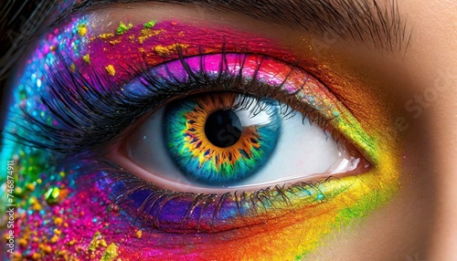 Close-up view of female eye with bright multicolored fashion makeup. Holi Indian festival of colors inspiration. Studio macro shot