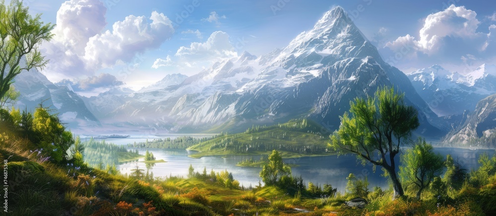 A detailed painting of a mountain range towering in the background, with a serene lake stretching in the foreground. The scene captures the beauty of nature with a harmonious blend of water and