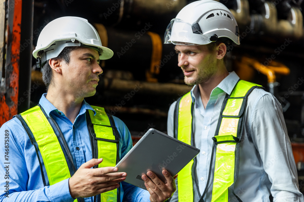 Railway technician engineer wearing safety uniform and safety helmet holding tablet check work plan standing at site railroad station. Locomotive repairman in factory. Railway technician engineer wearing safety uniform and safety helmet holding tablet check work plan standing at site railroad station. Locomotive repairman in factory.