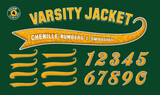 A collection of numerals and athletic swooshes in the style of varsity sports letter jackets. Chenille fabric effect with embroidery edge stitching.