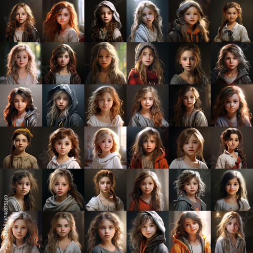 Diverse Portraits of Young Girls with Various Expressions and Outfits Set