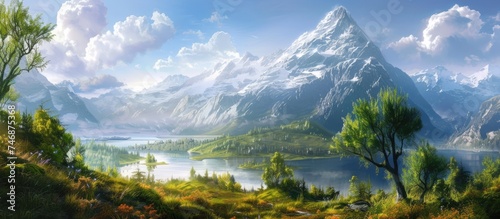 A detailed painting of a mountain range towering in the background  with a serene lake stretching in the foreground. The scene captures the beauty of nature with a harmonious blend of water and