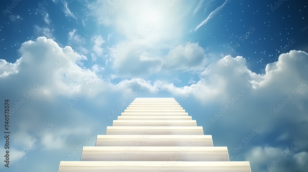 The stairs rise to the endless blue sky, symbolizing the path to success and achievement