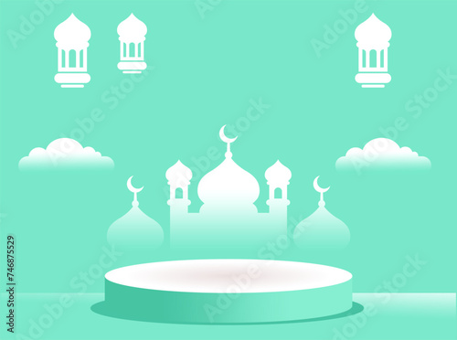 The green Islamic podium design is suitable for standing promotional products for the month of Ramadan, Eid al-Fitr, Eid al-Adha, Eid Mubarak, etc. sales podium