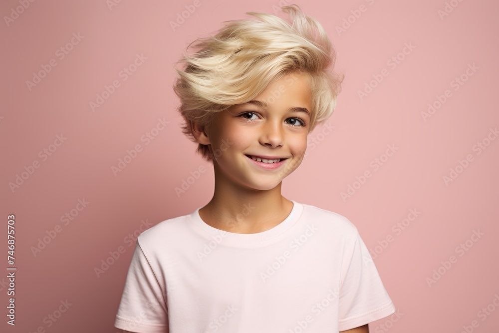 Portrait of a smiling little boy with blond hair on pink background Portrait of a smiling little boy with blond hair on pink background