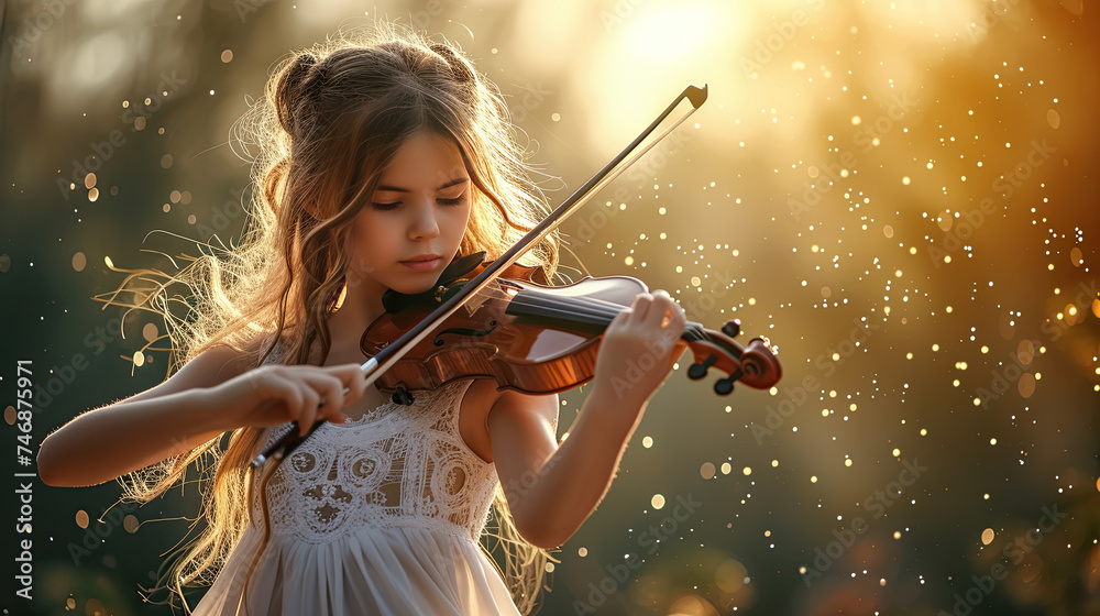 young girl playing a violin outdoors in bright golden lighting Stock ...