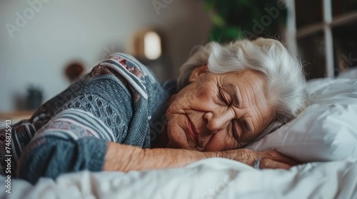 Senior woman sleeping peacefully in white bed at home, with ample copy space for text placement photo