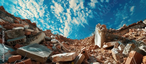 A pile of rubble is stacked high against the backdrop of a clear, deep blue sky. The rubble appears weathered and scattered, contrasting with the serene sky.