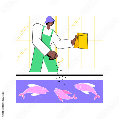 Fish farming isolated cartoon vector illustrations. Farmer throws food into the pool with fish, agriculture industry, agribusiness worker, production sector, animals rearing vector cartoon.