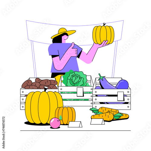 Farmers market isolated cartoon vector illustrations. Smiling farmer selling organic vegetables on market, agriculture industry worker, processing-manufacturing sector vector cartoon.