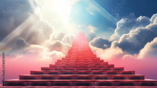 The stairs rise to the endless blue sky  symbolizing the path to success and achievement