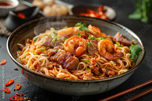 Hokkien mee is a Chinese dish served with fish balls and shrimp, pork belly against a dark background, with a pair of chopsticks resting beside the plate, and steam rising off the dish. AI
