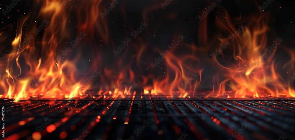 Hot empty portable barbecue BBQ grill with flaming fire and ember charcoal on black background
