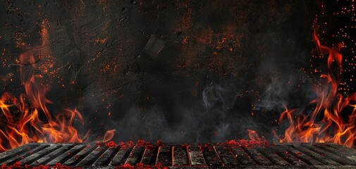 Hot empty portable barbecue BBQ grill with flaming fire and ember charcoal on black background