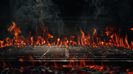Hot empty portable barbecue BBQ grill with flaming fire and ember charcoal on black background