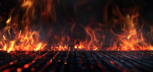 Hot empty portable barbecue BBQ grill with flaming fire and ember charcoal on black background