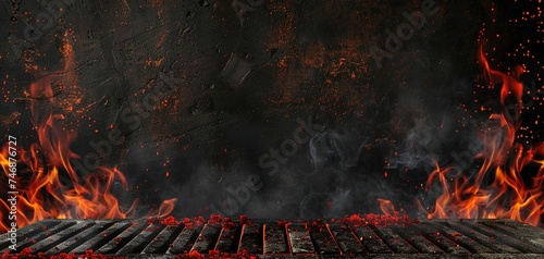 Hot empty portable barbecue BBQ grill with flaming fire and ember charcoal on black background photo