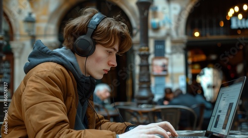 Young man freelancing in a cafe with wireless headphones and laptop, deeply focused on work. photo