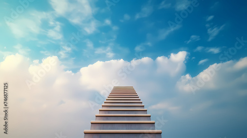 The stairs rise to the endless blue sky  symbolizing the path to success and achievement