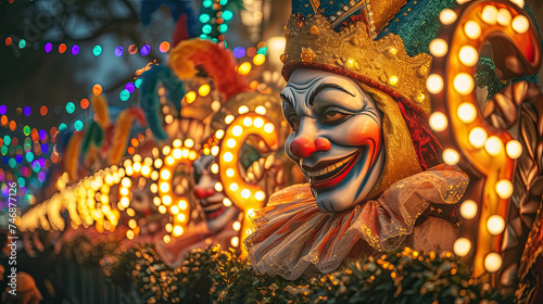 mardi gras carnival float with smiling jester at night  © Lynne Ann Mitchell