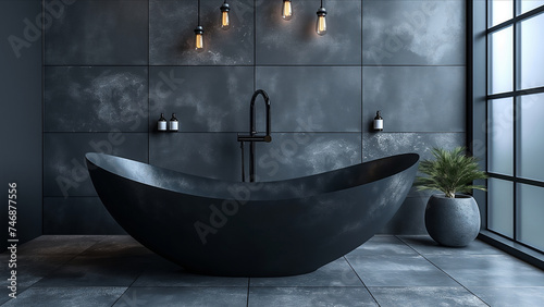 Bathroom Dark black colour. Modern minimalism style bathroom interior in black tones. Luxurious modern dark bathroom. 3d Rendering. Real estate concept. Design concept. Art concept. Decor concept. © IC Production