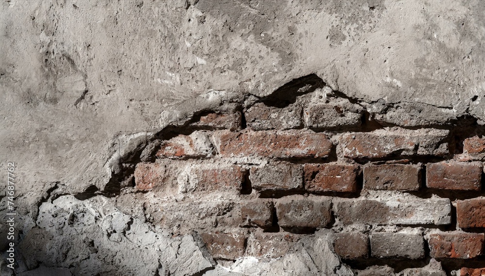 Fototapeta premium Antique brick wall under damaged plaster. Weathered brickwork texture with cracked concrete
