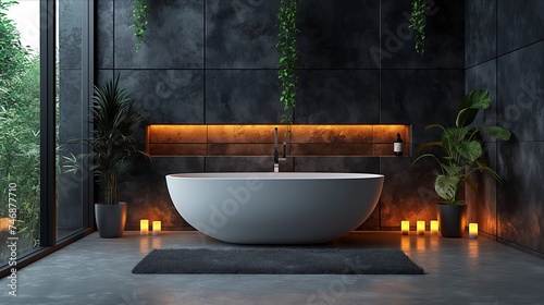 Bathroom Dark black colour. Modern minimalism style bathroom interior in black tones. Luxurious modern dark bathroom. 3d Rendering. Real estate concept. Design concept. Art concept. Decor concept.