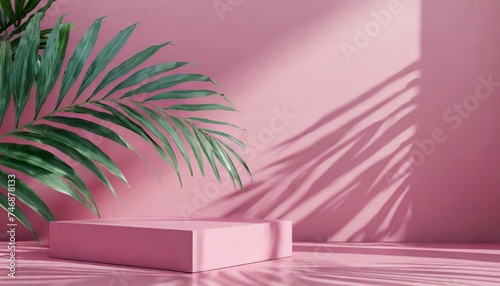 Pink background studio interior room with tropical palm shadow. Minimalist summer product stage platform mock up. 3d render of square empty space with plant shade for product placement © adobedesigner