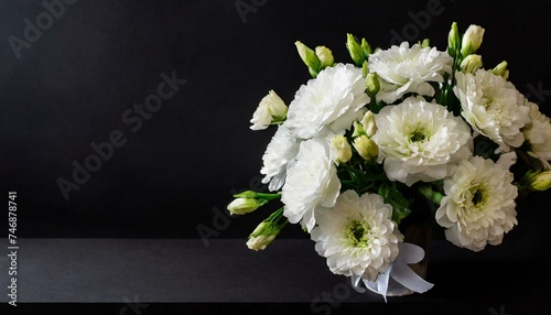 Funeral symbol. A bouquet of white flowers on the side, black background, free space for text