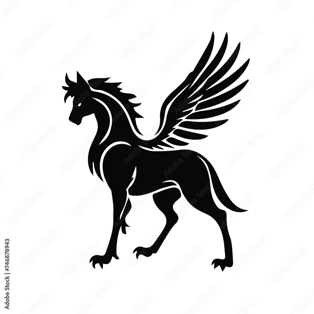 Outline Pegasus silhouette Horse logo with wings isolated view outline thick view