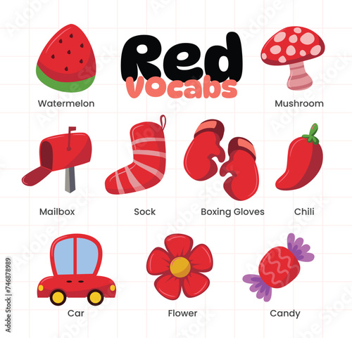 Set of red color objects vocabulary collection, Learning colors for kids. Worksheet for children, preschool. education of children, flashcards with colors, Primary colors flashcard.