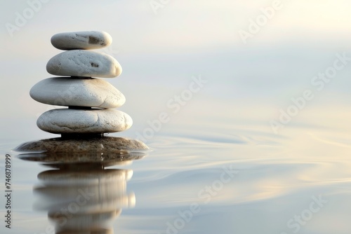 Zen stones with reflection on water at sunset