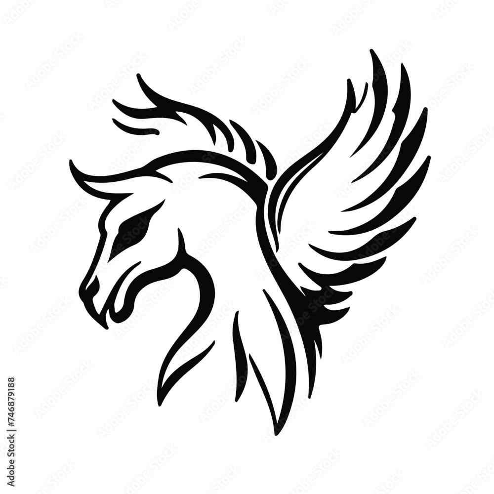 Black Pegasus logo silhouette on white background, Pegasus lineart logo ...