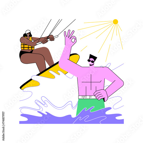 Kitesurfing instructor isolated cartoon vector illustrations. Young girl learns kitesurfing with instructor, extreme sports vacation, watersports traveling, summer holidays vector cartoon.