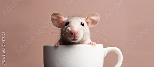 A small, humorous rat is sitting inside of a white coffee cup, appearing curious and mischievous. The cup is placed on an isolated background, showcasing the unexpected encounter.