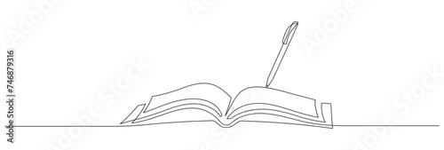 One continuous line drawing of Opened book with pen. Education in school and library studying in simple linear style. Writing diary in Editable stroke. Doodle outline vector illustration