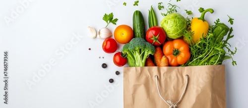 A paper bag filled with natural foods such as vegetables, creating a happy and vibrant display. The fresh produce is arranged on a white background, resembling a flower arrangement. © TheWaterMeloonProjec