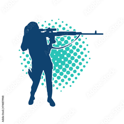 Silhouette of a female shooter firing sniper long barrel rifle gun weapon