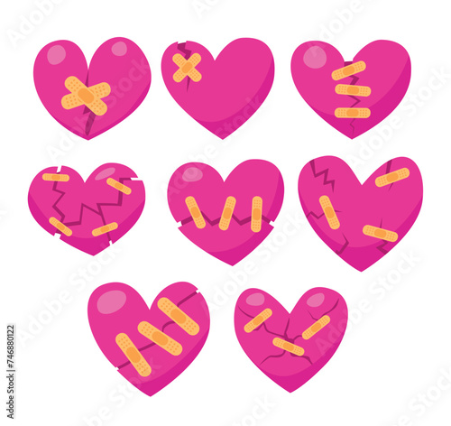 Set of red broken heart with cracks bandaid set collection, Broken heart sad character face bandage crack isolated set, broken heart Bandage Marriage Counseling Couples Therapy, isolated vector.