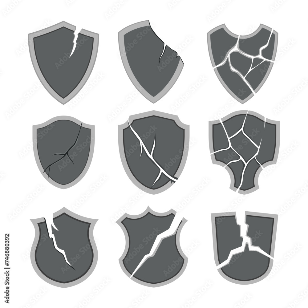 Set of metal broken shields with crack and splinters. Broken defence security shield attacked damaged by virus, The security system on the Internet, Isolated on white background, vector illustration