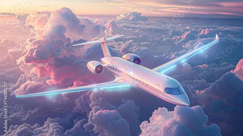 Illustration of an innovative hybrid electric passenger aircraft in flight surrounded by clouds showcasing the future of sustainable air travel